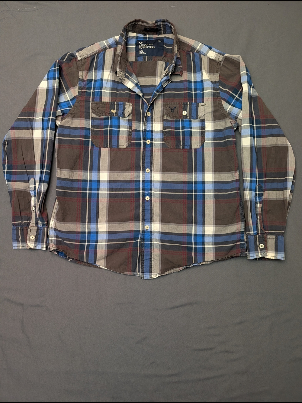 American Eagle Outfitters Brown & Blue Plaid Button-Down Shirt